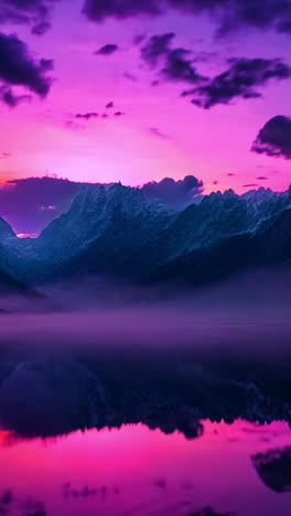 a beautiful mountain range with a purple sky and a sun setting in the background. the sky is filled with clouds and the mountains are covered in snow. the sun is setting behind the mountains