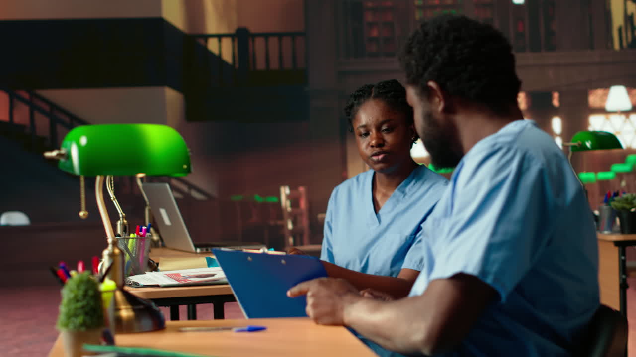 Future nurses studying anatomy class notes in a university library