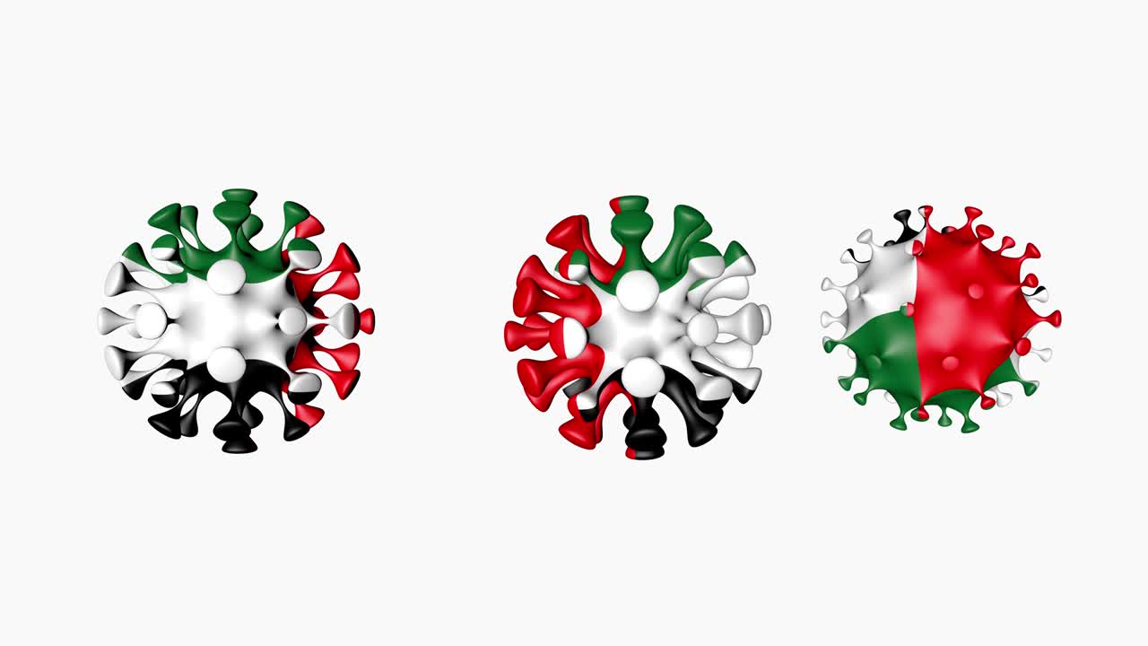 3d animación coronavirus 2019-ncov de los emiratos árabes unidos. bandera de las eau en esferas de bola de virus covid-19, en fondo blanco. canal alfa