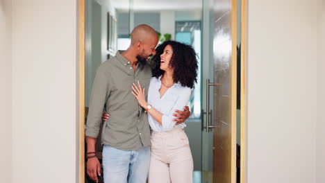 house, door and happy couple with hug