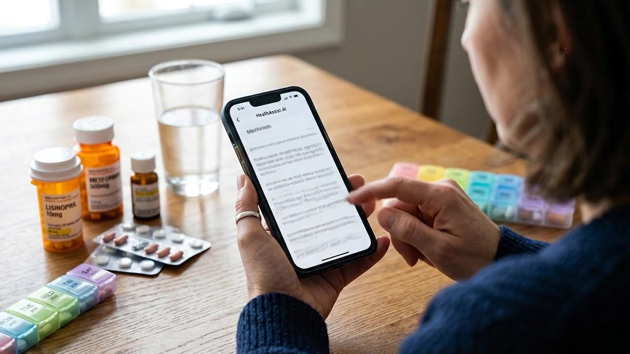 Woman Using AI Health Assistant App on Smartphone to Check Medication Information