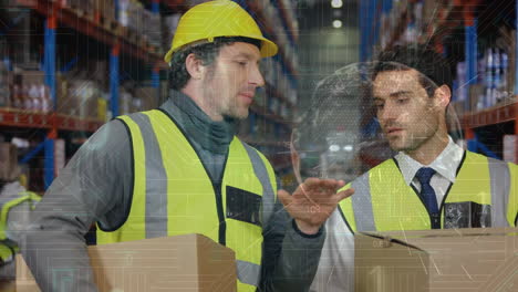 animation of digital data processing over two caucasian workers of warehouse