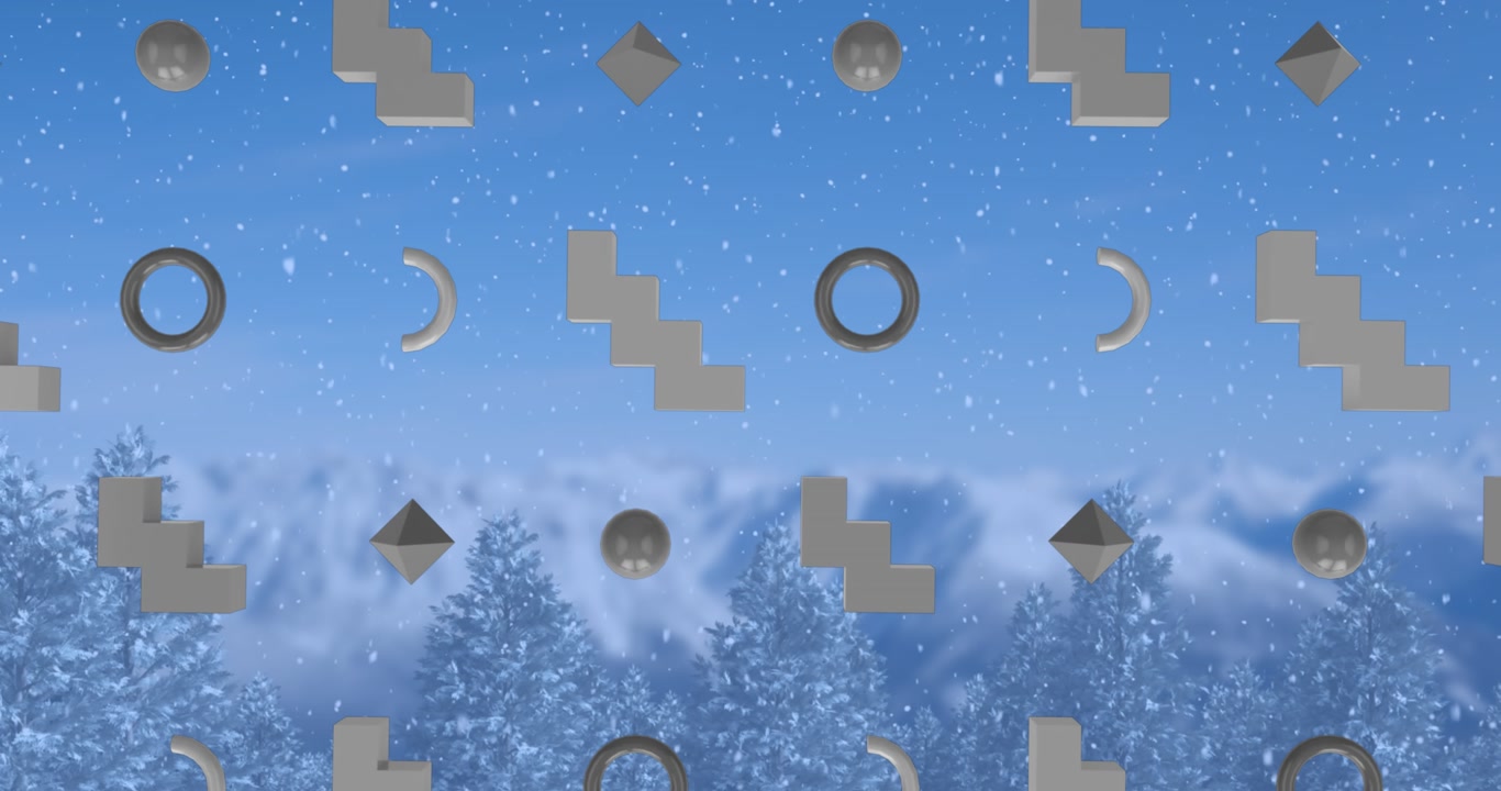 Animation of rows of abstract shapes pattern and christmas snow falling over winter scenery