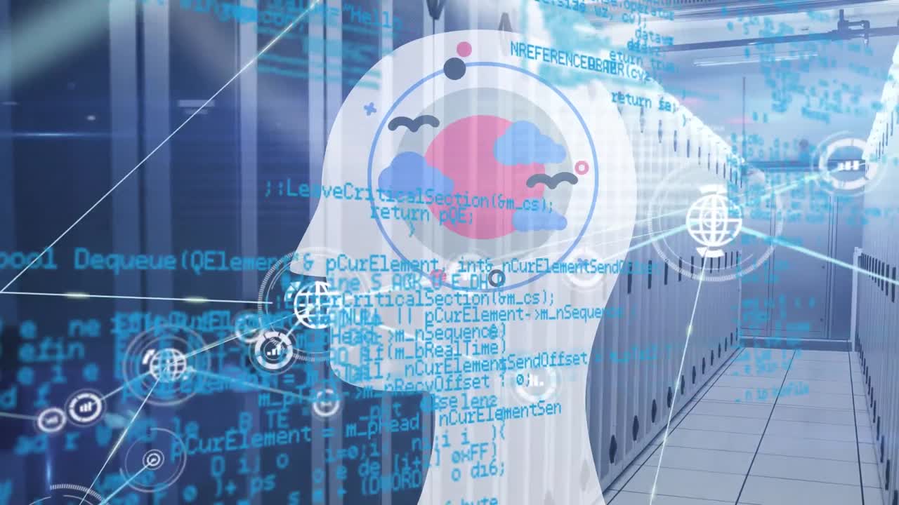 태양과 데이터 처리와 함께 머리의 애니메이션 서버 방