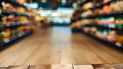 a wooden table in front of a grocery store aisle