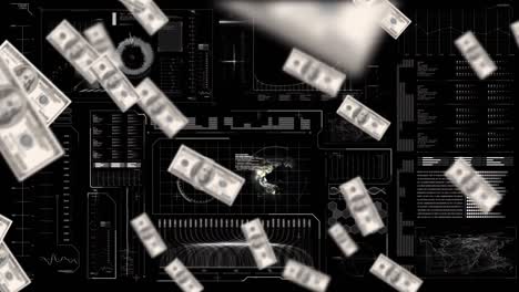 Animation-Von-US-Dollar-Banknoten,-Die-über-Die-Datenverarbeitung-Fallen
