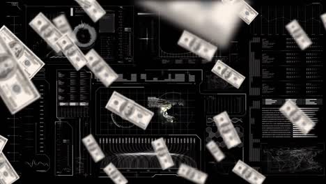 animation of american dollar banknotes falling over data processing