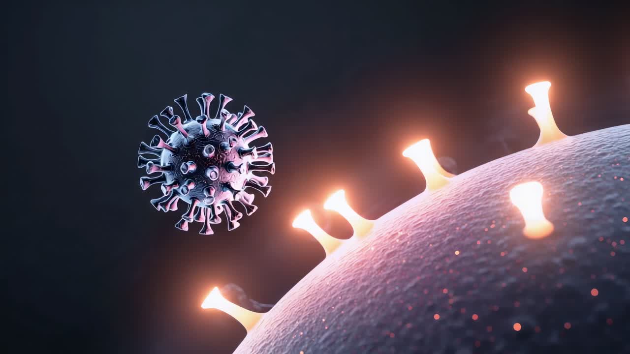 Trazione del recettore che invia un virus alla deriva in allineamento, toccando la cellula ospite in uno spazio blu con le punte delle spine illuminate