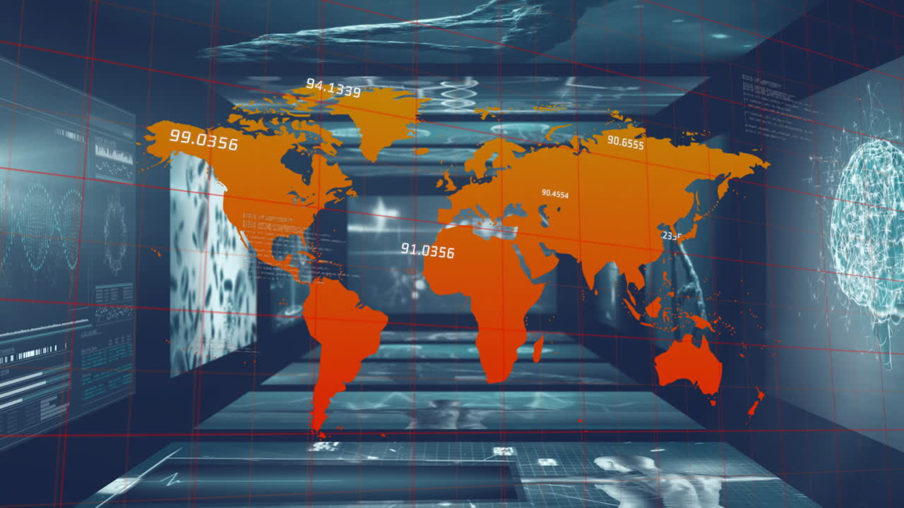 검은 바탕에 dna 줄을 가진 스크린을 통해 데이터 처리를 하는 세계 지도의 애니메이션