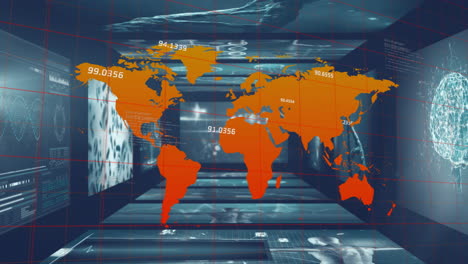 Animation-Einer-Weltkarte-Mit-Datenverarbeitung-über-Bildschirmen-Mit-DNA-Strang-Auf-Schwarzem-Hintergrund