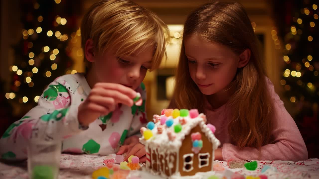 Two Children Creating a Festive Gingerbread House Together, Adorned with Colorful Candy Decorations, Capturing the Joy of Cooking and Bonding during the Holiday Season