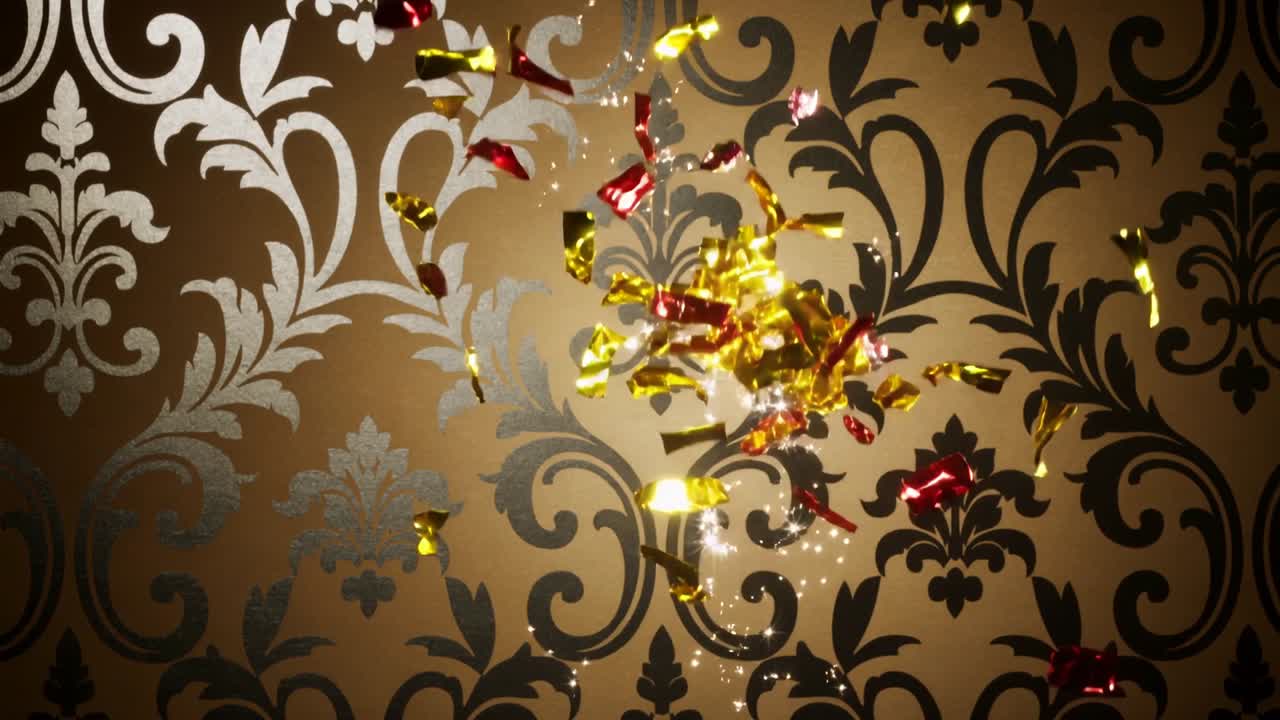 Confetes espalhando-se por uma parede de damasco após uma rajada de vento fora da tela, então se depositando com glitter vermelho-ouro.