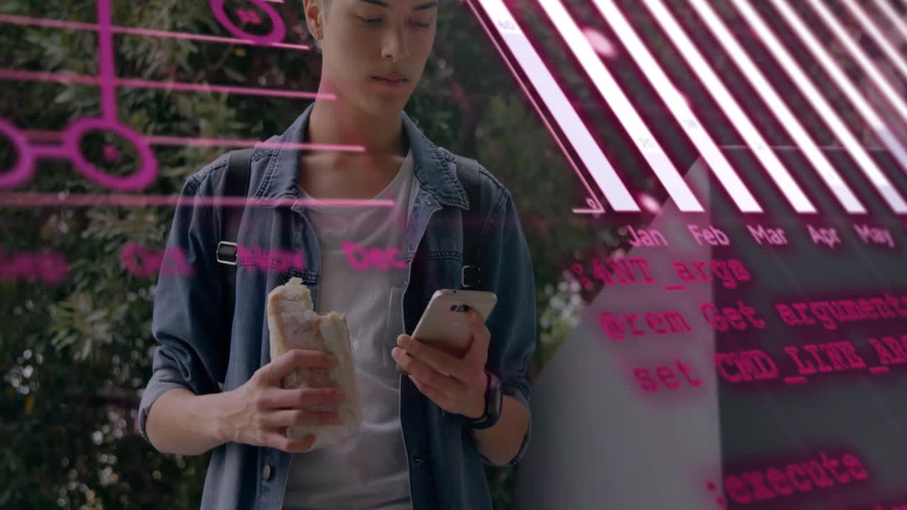 그래프, 지구, 컴퓨터 언어의 애니메이션 두 인종의 남자가 드폰으로 스크롤하고 음식을 들고 있습니다.