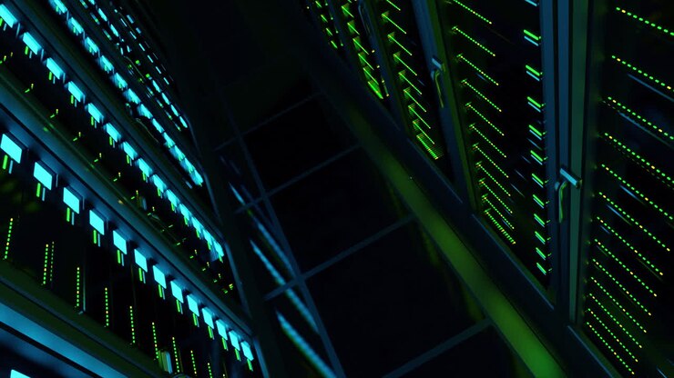 Tilted Side View of Data Center Computer Servers Storing and Processing Digital Information for AI. IT Infrastructure Running Apps and Services Online Underpinning Business. 3D Technology Animation