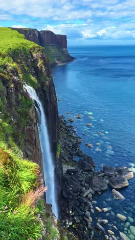 vertical view of mealt falls. prominent waterfall on the isle of skye, scotland. aerial shot