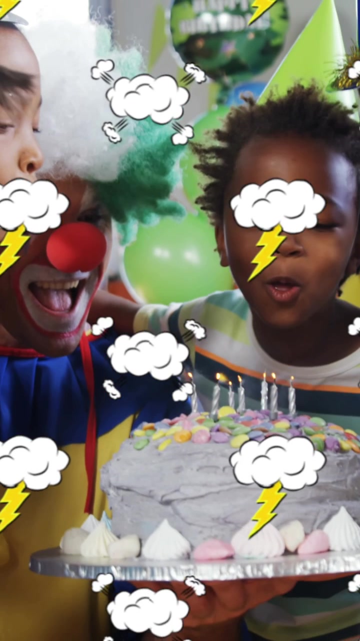 Speech bubble and thunder icons against kids blowing candles in a birthday party