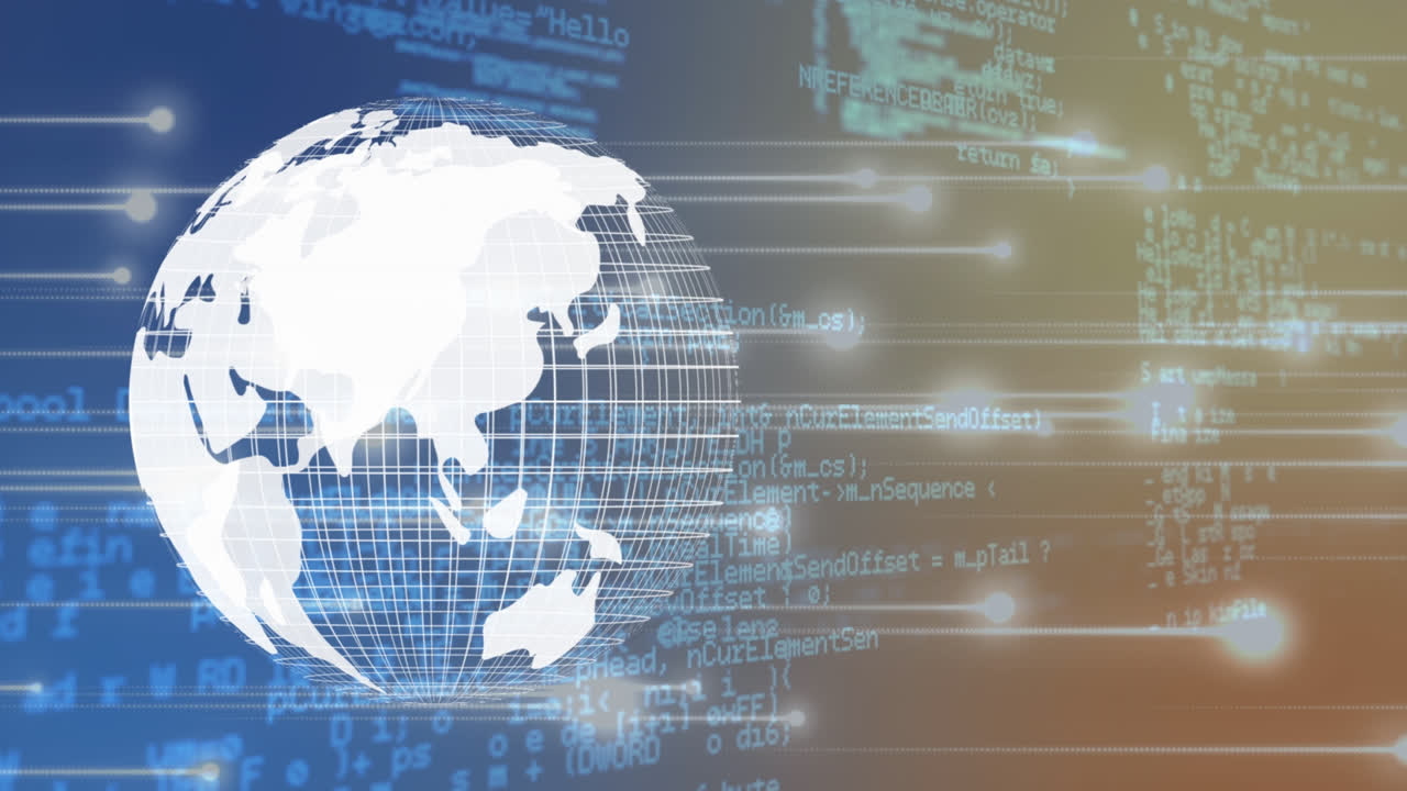 Animation of spinning globe over grid on colorful background