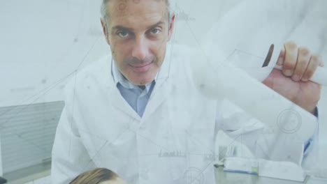 Animation-of-network-of-connections-over-caucasian-male-doctor-examining-teeth-of-female-patient