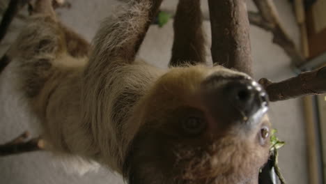 a two toed sloth hanging in a tree close to the camera slow motion cinematic