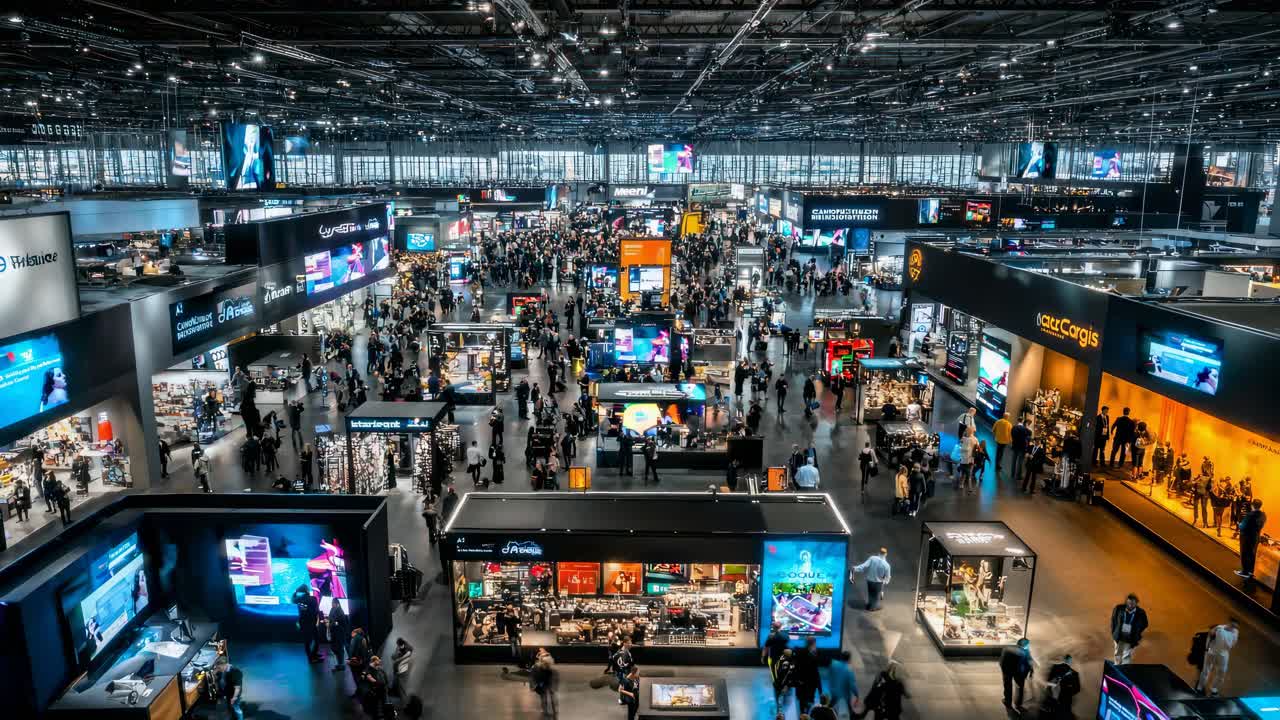 High-angle video shot of a bustling tech expo, showcasing vibrant booths and crowds