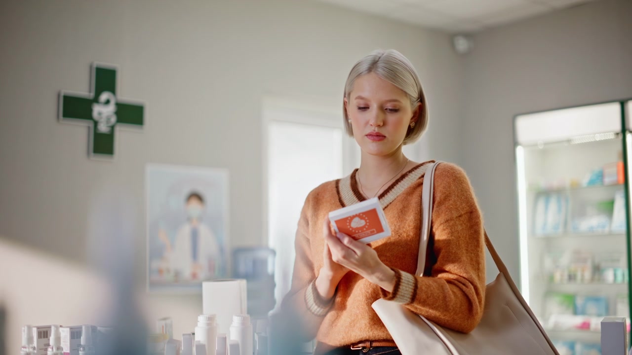 Ung kvinde går på apoteket og vælger medicin, nærbillede. Kvinde søger piller.