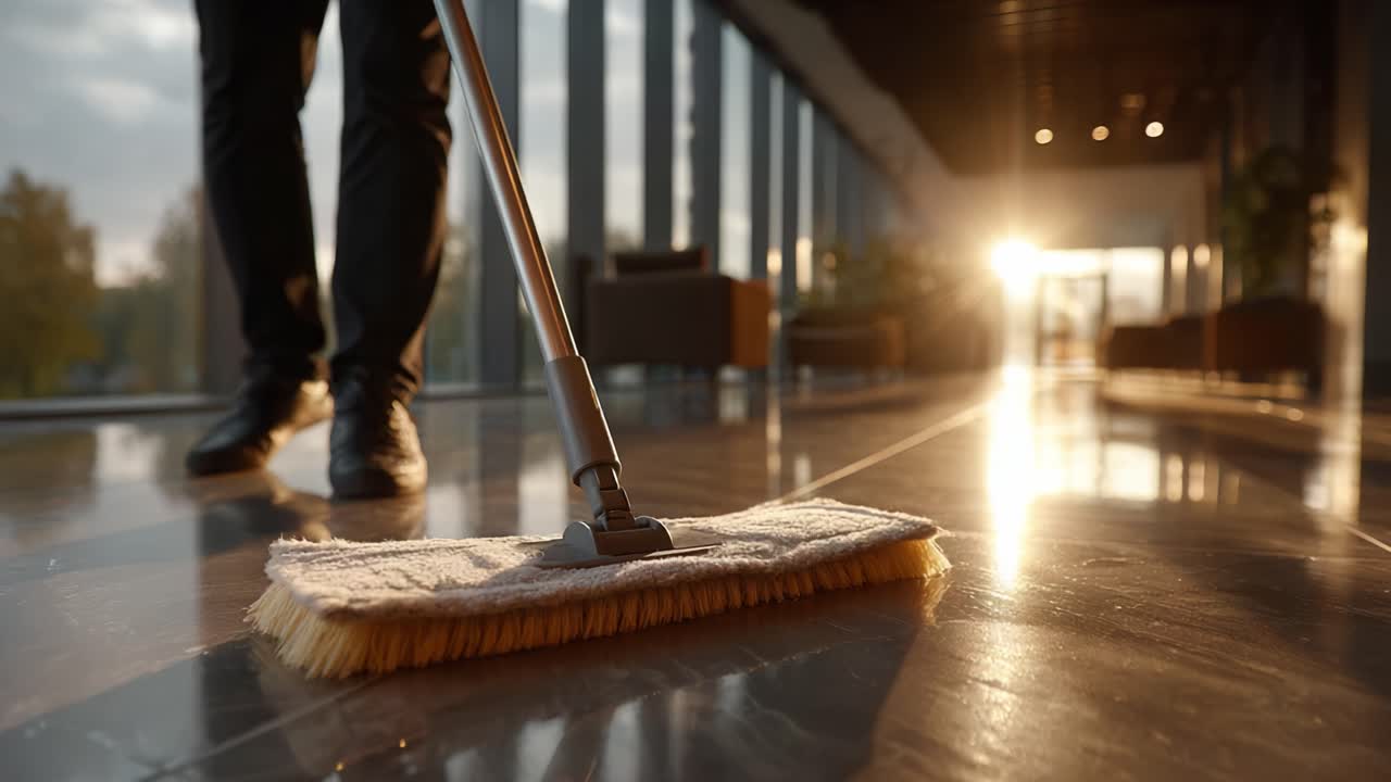Person Cleaning Floor with a Mop in a Sunlit Modern Indoor Space, Showcasing the Shine of the Polished Surface and the Warm Glow of Sunset