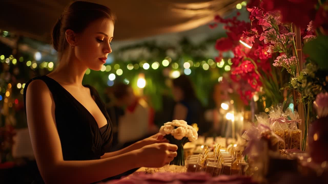 A Captivating Evening at a Vibrant Market: A Graceful Woman Delights in Artfully Crafted Delicacies Surrounded by Lush Blooms and Soft Lighting, Enhancing the Enchantment of This Charming Gathering