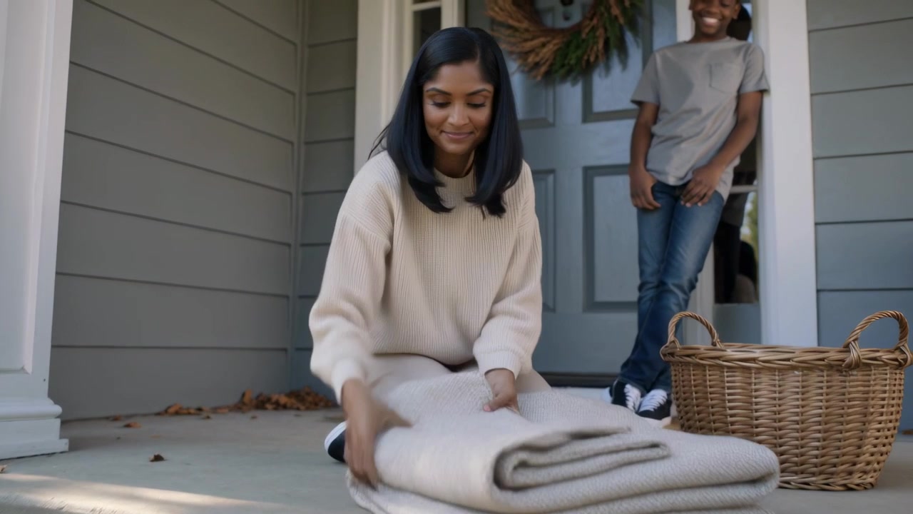 Folding woman in beige sweater kneeling on porch steps rolling large blanket into wicker basket