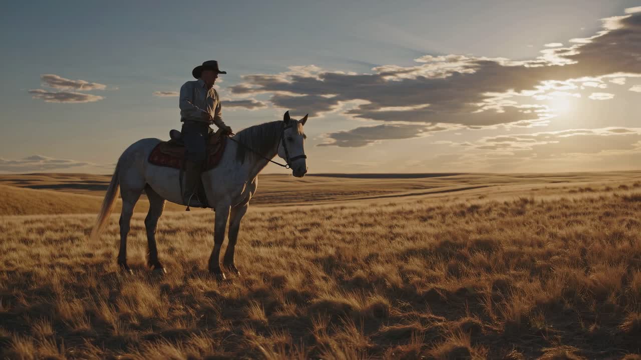 un vaquero montando un caballo al atardecer.