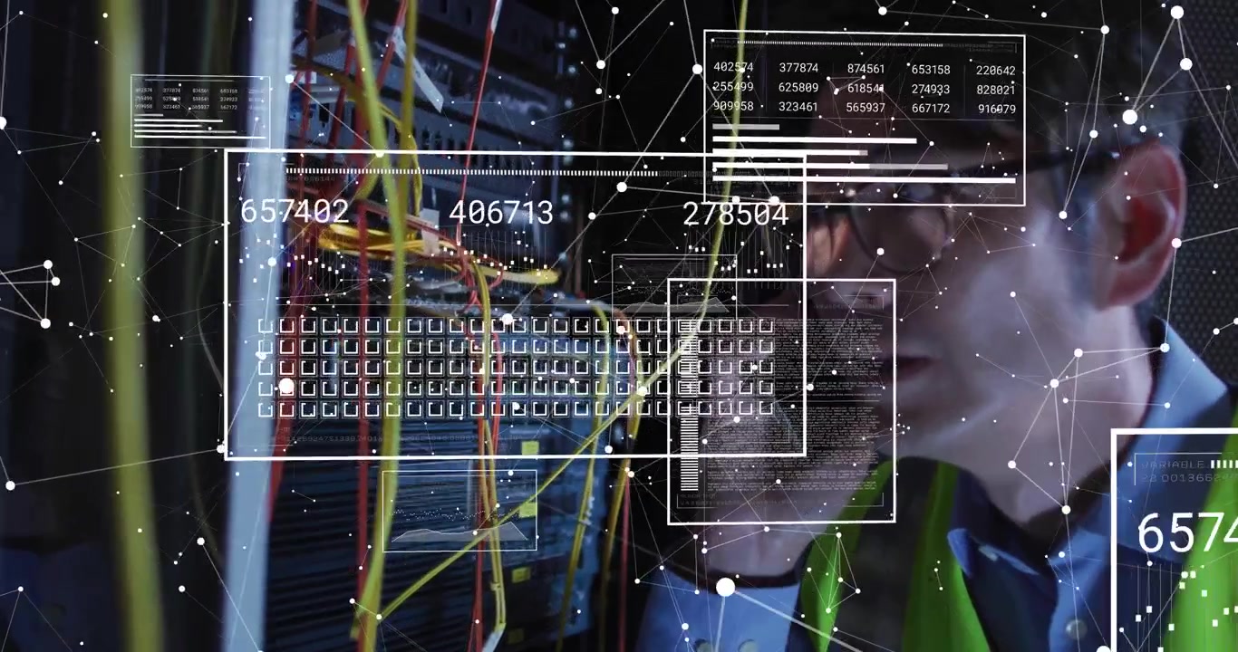 IT technician receiving phone call and inspecting cables for tracking performance using animated UI