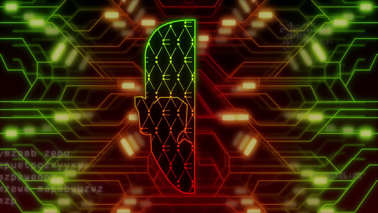 Animation of digital head over network of connections and data processing