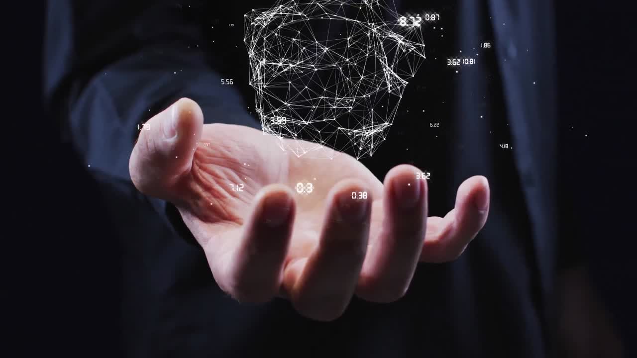 Animation of data processing over globe with numbers over man's hand