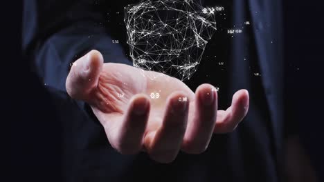 Animation-of-data-processing-over-globe-with-numbers-over-man's-hand