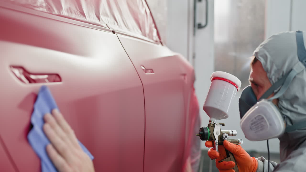 진행 중인 자동차 페인트 작업