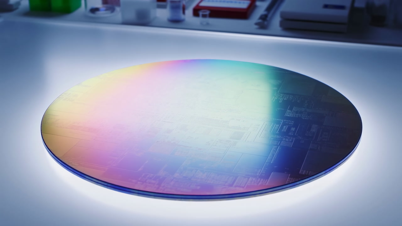 Silicon Wafer On Illuminated Bench, Closeup Iridescent Interference Colors And Faint Circuit Patterns, Lab