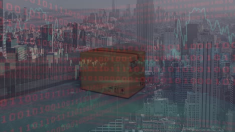 animation of data processing over boxe and cityscape