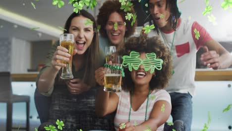 animation of clover icons over diverse friends drinking beer