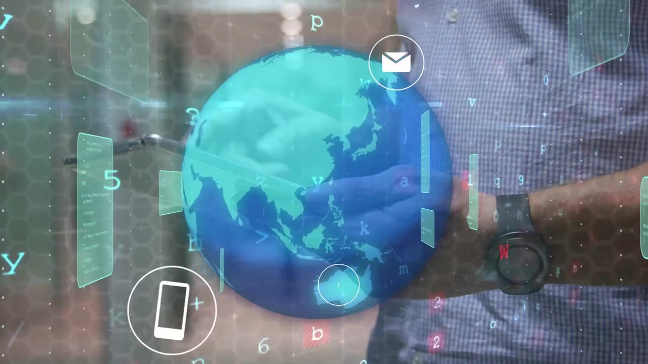 Hombre tocando un dispositivo de mano en la oficina, activando un hologlobo que escanea datos y monitorea amenazas.