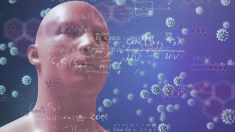 Animation-Eines-Digitalen-Menschlichen-Kopfes-Mit-Riesigen-Virusmodellen,-Die-Auf-Blauem-Hintergrund-Schweben