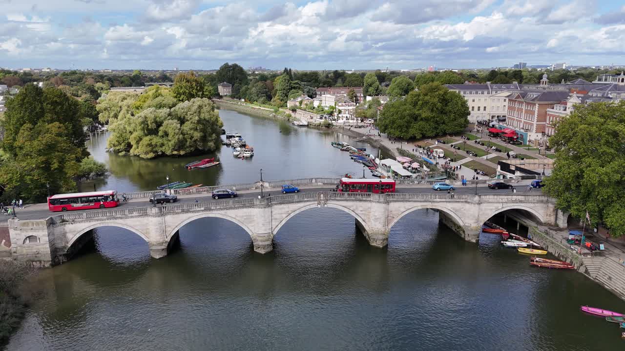 London buses cross Richmond Bridge UK drone,aerial