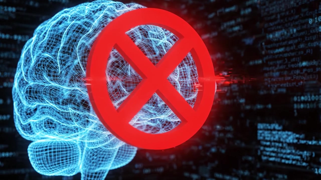 Exploring the Intersection of Technology and Neuroscience: A Visual Representation of a Brain with a Prohibition Symbol Indicating Caution in Advanced AI Integration