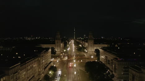 Aerial-View-of-Empty-Karl-Marx-Allee-Street-at-Night-in-Berlin,-Germany-during-COVID-19-Coronavirus-Pandemic