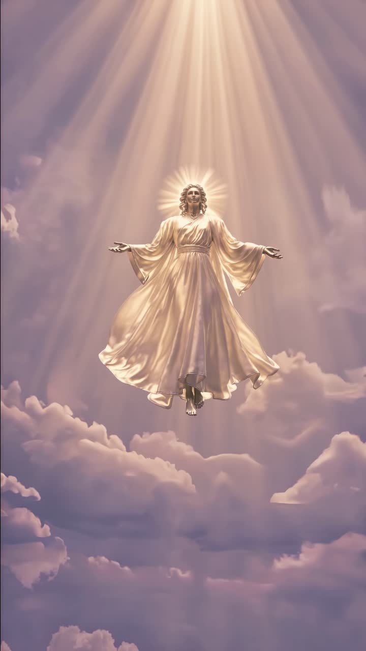 A divine figure in flowing robes, illuminated by radiant beams, is captured from a low-angle