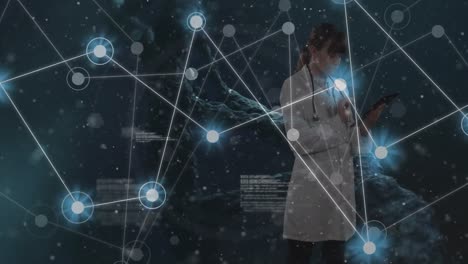 Animation-of-network-of-connections-over-caucasian-female-doctor-using-digital-tablet