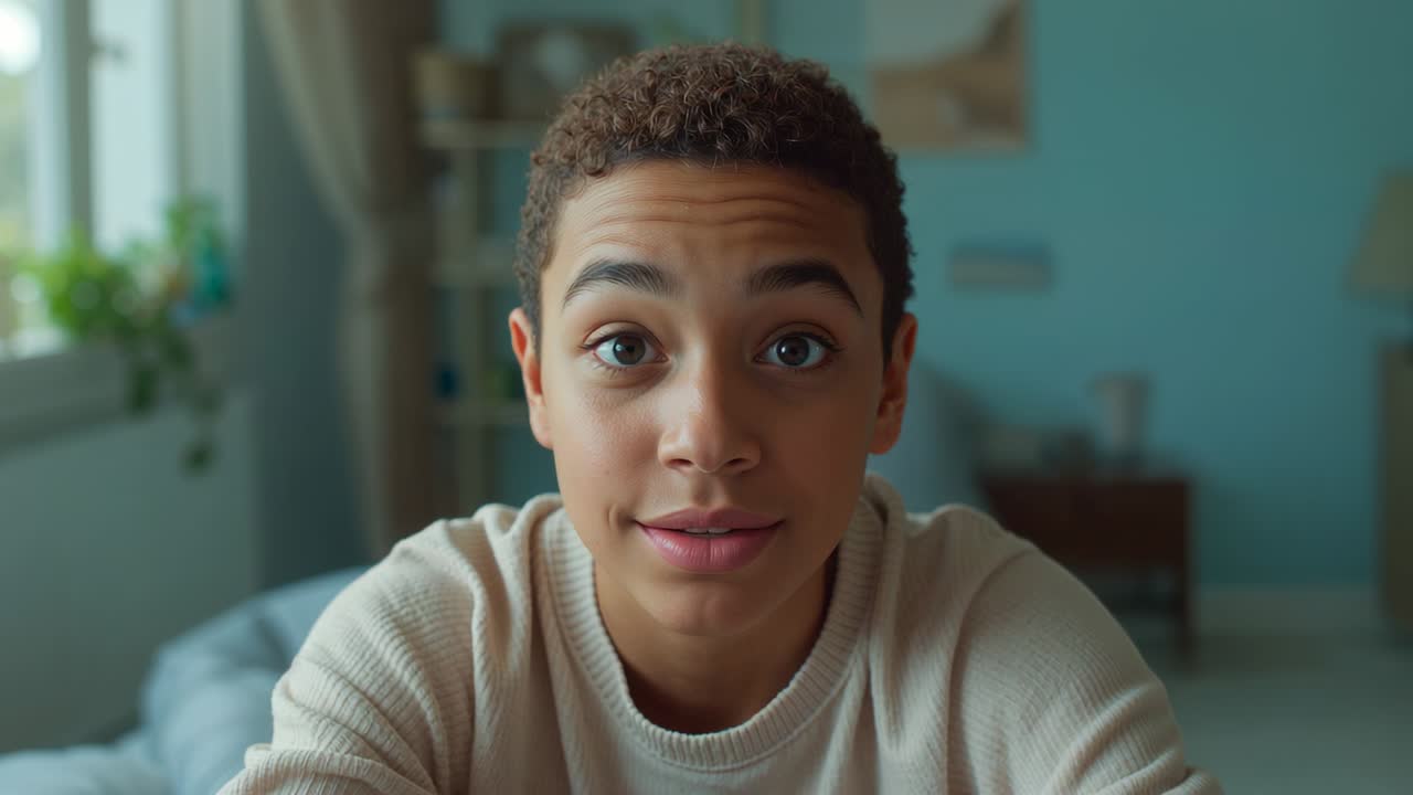 Camera starting teenage girl talking to camera at bedroom desk, tilting head, arching eyebrow