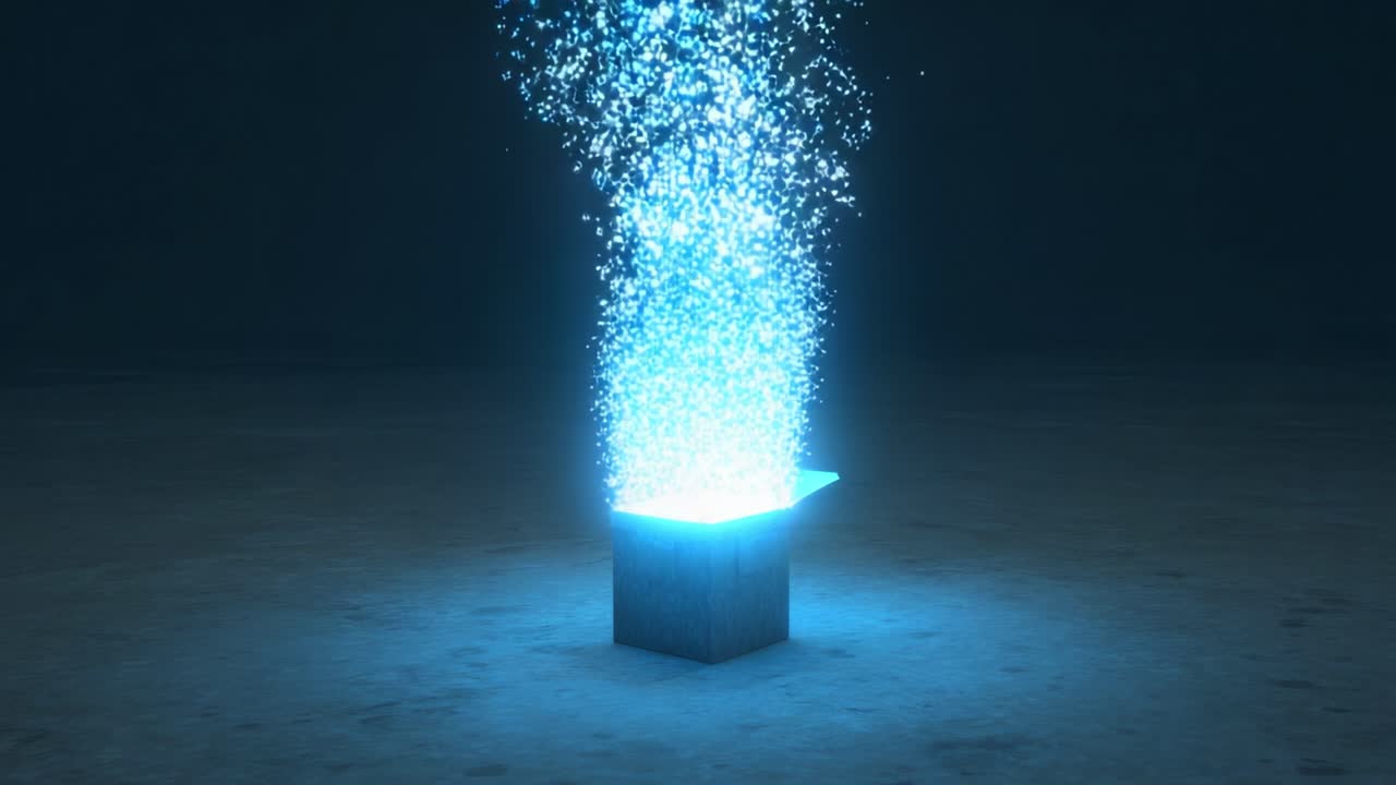 A Mysterious Box Emitting Radiant Blue Sparkles in a Dark Environment: Capturing the Essence of Enchantment and Wonder as the Light Dances Upwards in a Stunning Display