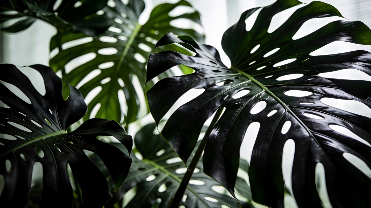 Regolazione della messa a fuoco della telecamera che rivela una foglia di Monstera che si sposta vicino a una finestra, con una tenda trasparente retroilluminata.