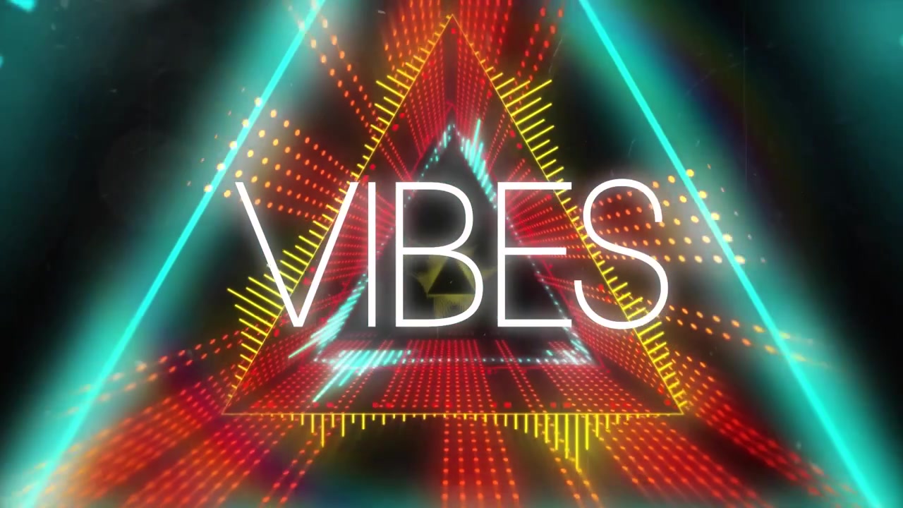 แอนิเมชันข้อความ "vibes" ลอยอยู่เหนืออุโมงค์สามเหลี่ยมเรืองแสงหลากสีที่วนซ้ำ