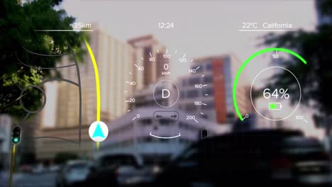 Animation-of-interface-with-charging-battery-icon-and-speedometer-over-cityscape