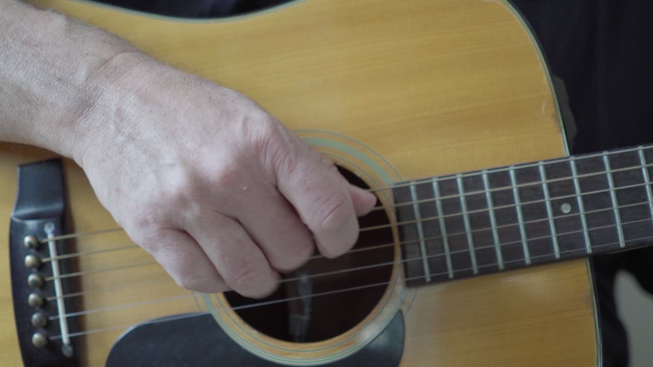 A guitarist's right hand playing fingerstyle on an acoustic steel-string guitar